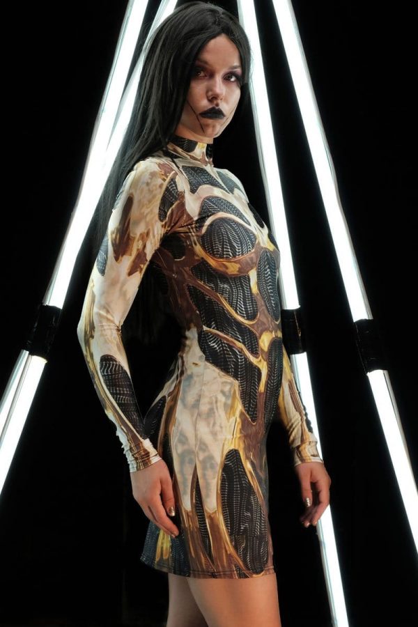 Golden Cyborg Bodycon Dress For Sale - Image 3